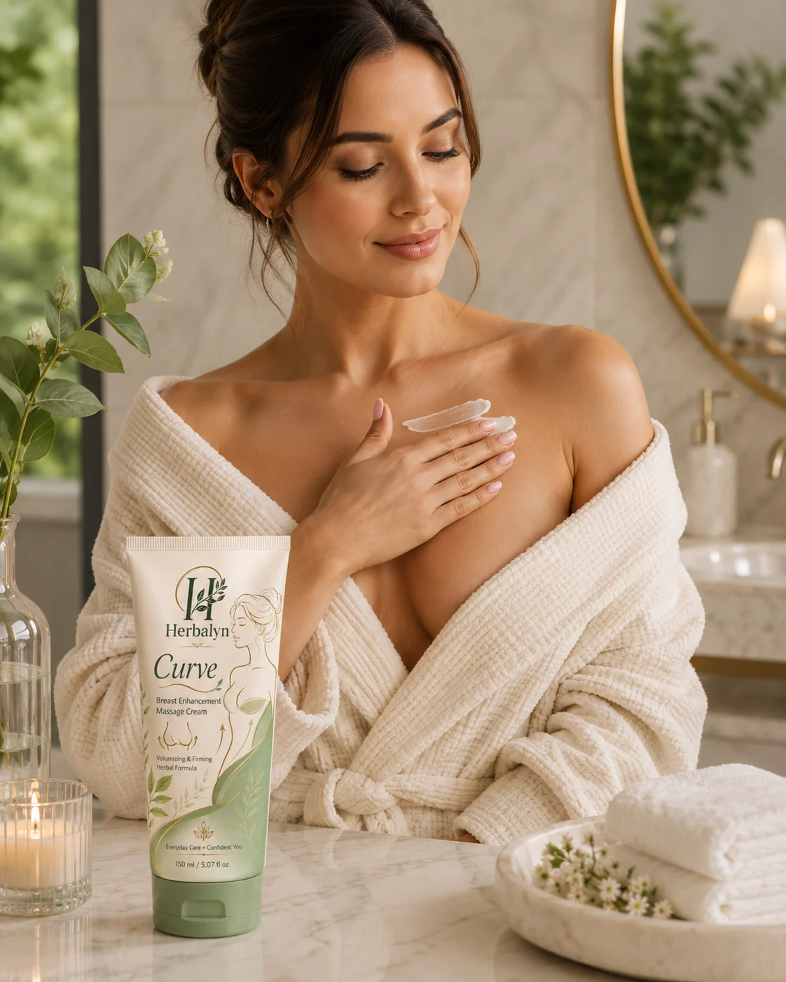 Woman applying Herbalyn Curve cream to upper chest in a spa setting
